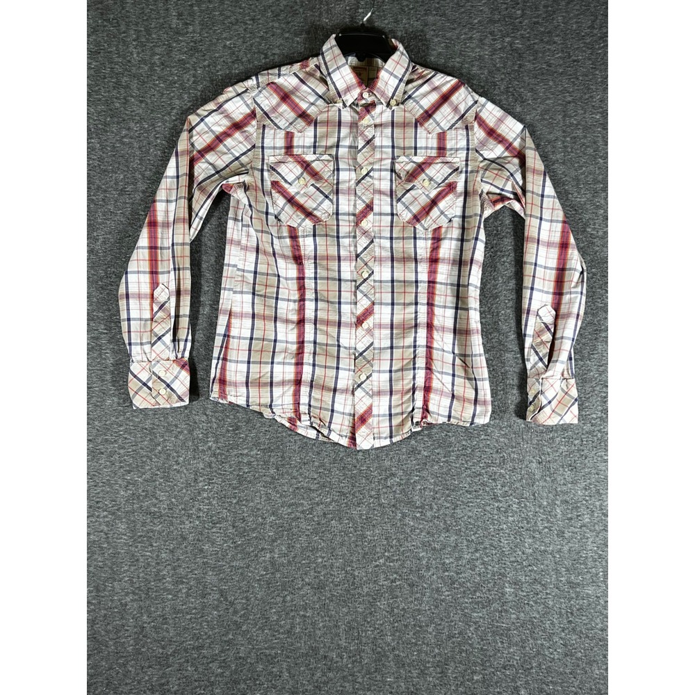 True Religion Mens XL Plaid Western Shirt Tan Red Navy Blue Cotton